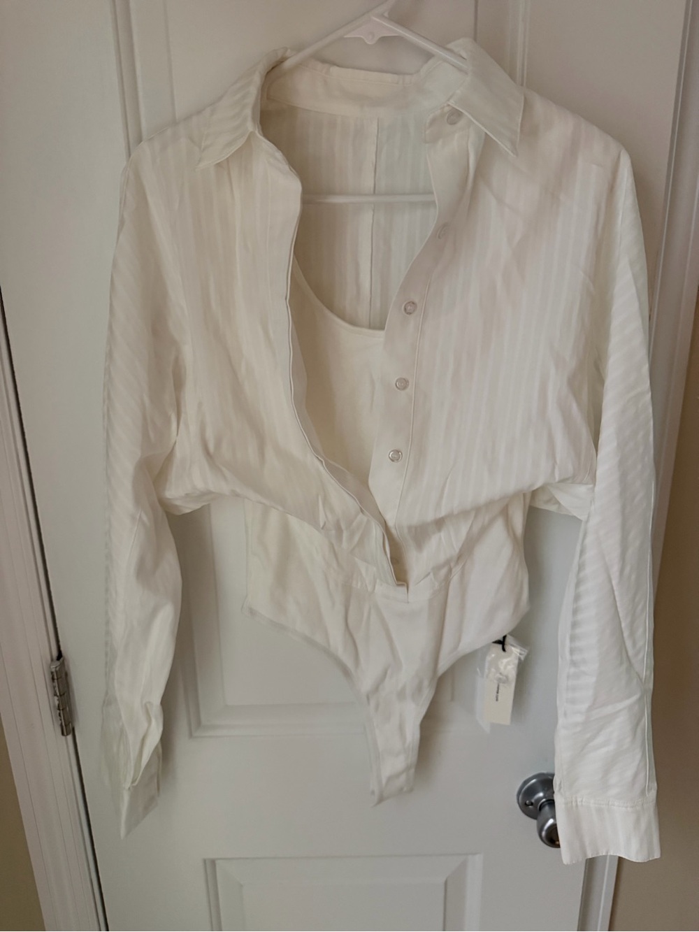 Commense White Long-Sleeve Button-Front Bodysuit Shirt